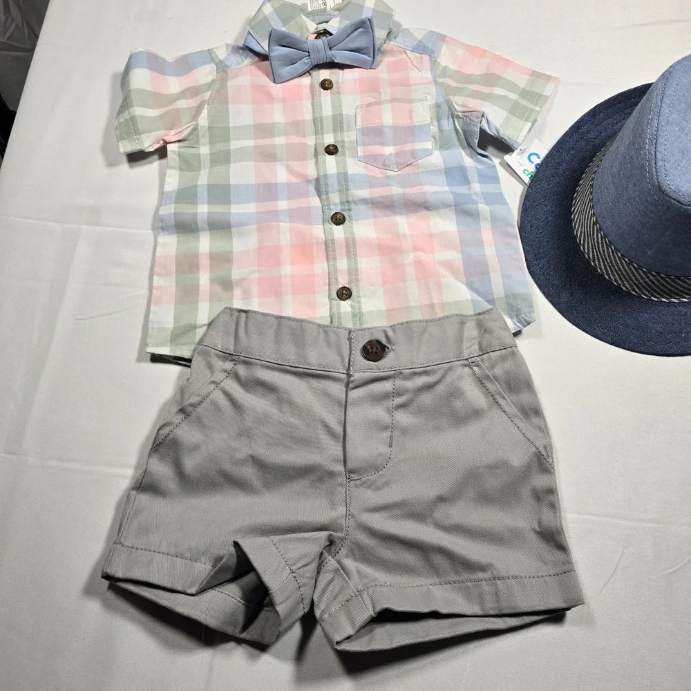 NWT‎ Carter's Cat & Jack Boys 4-Piece Outfit Set 0-3M Plaid Bow Tie Hat